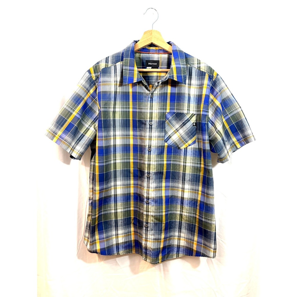 Marmot‎ Men's Plaid Button Up Short Sleeve Blue & Yellow Shirt-Outdoors, Size XL